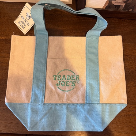 TRADER JOES JOE’S NWT Mini Canvas Tote Bag Pastel Blue - Picture 3 of 4